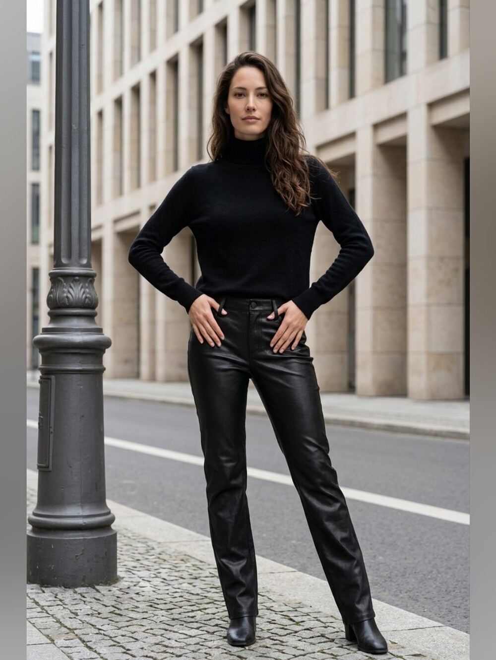 NYDJ SZ 10 Marilyn Straight Black Faux Leather High Rise Edgy Elevated Pants